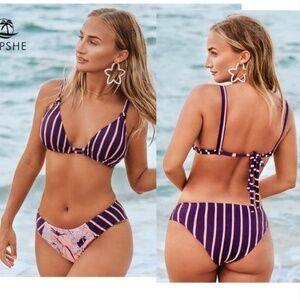 Cupshe Purple Pink Stripe & Floral Mid-Waisted Bikini Set - Size M
